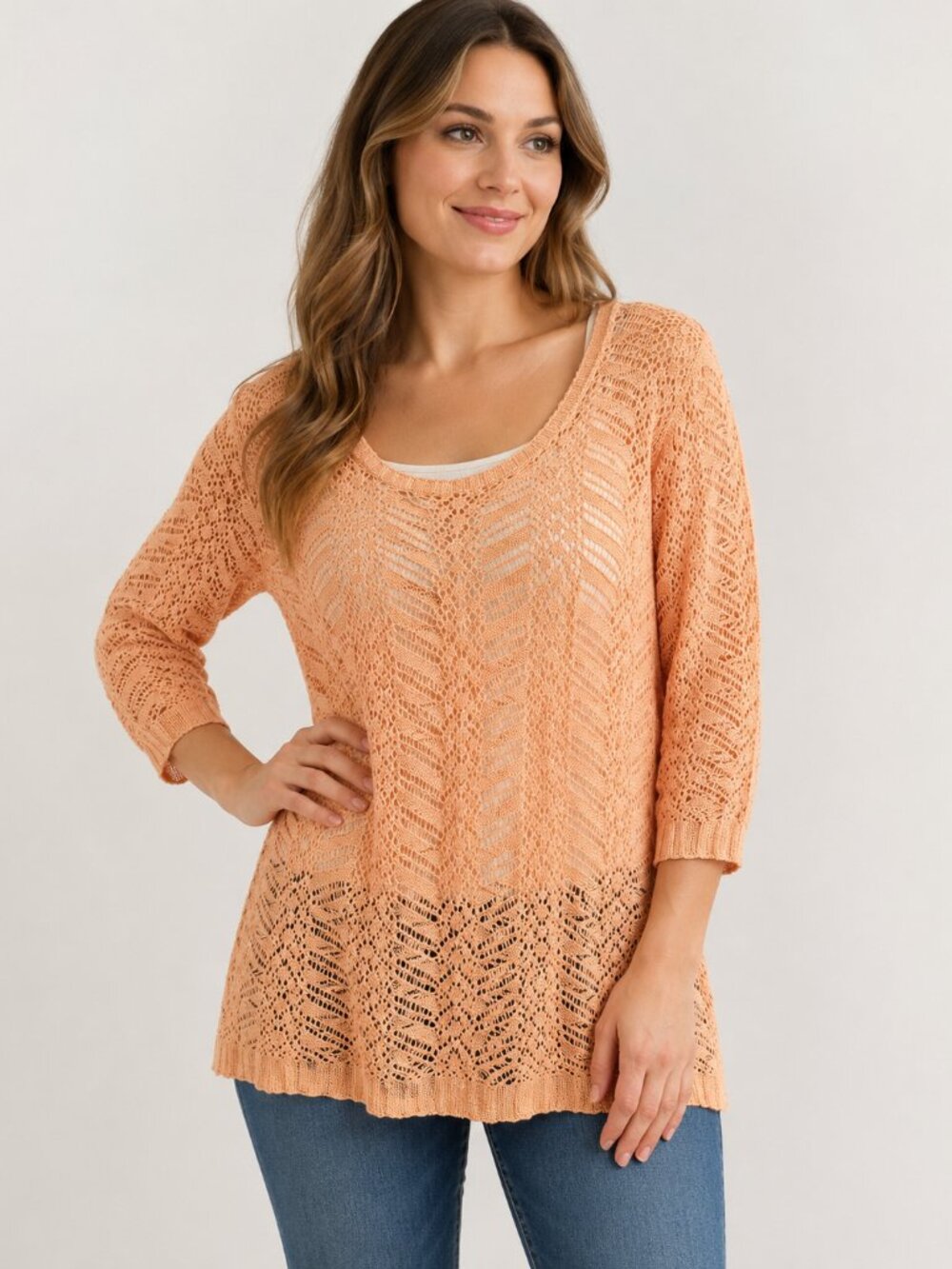 Maurices Peach Open Knit Crochet Sweater XL 3/4 Sleeve Lightweight Boho Tunic To